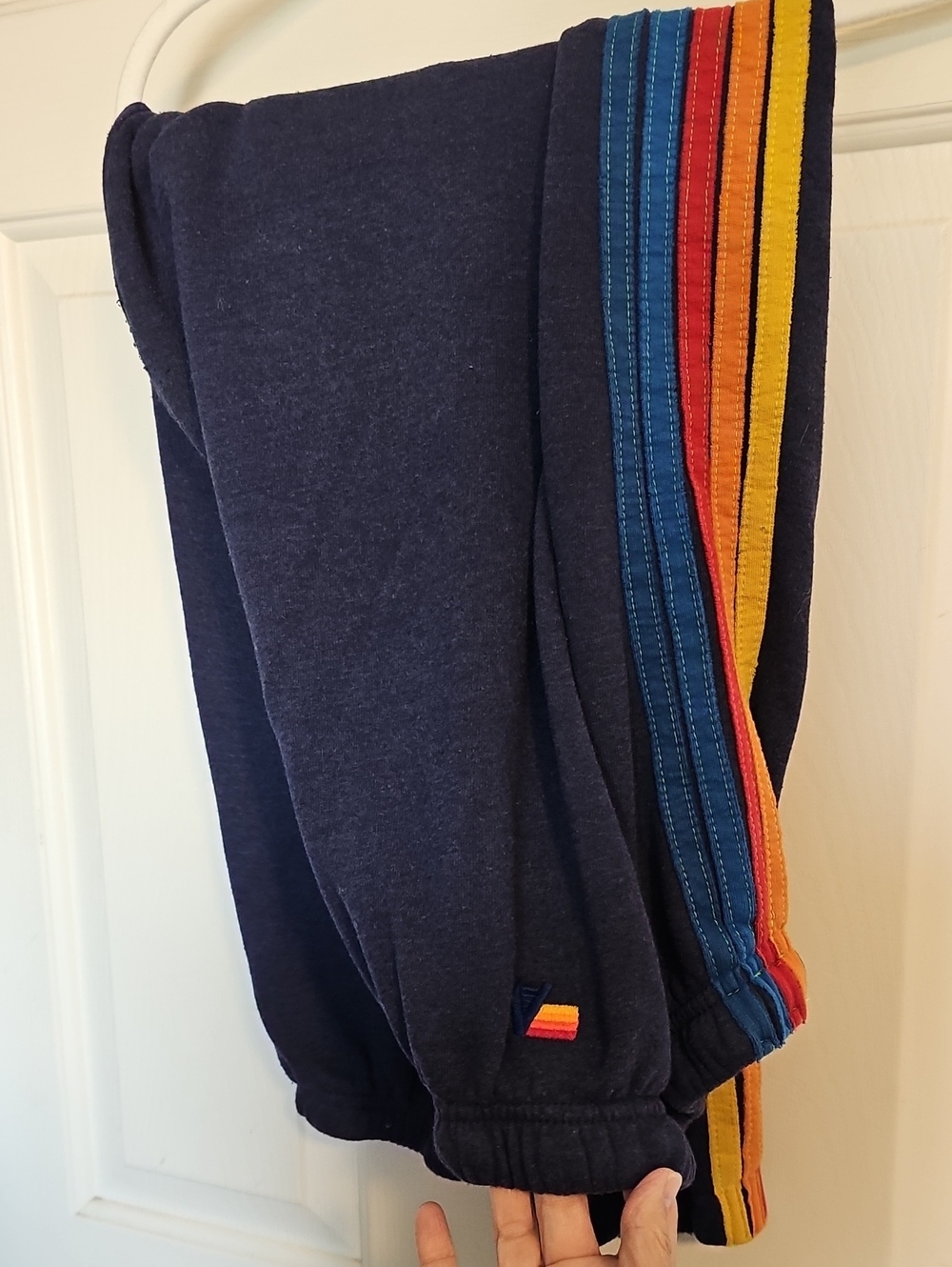 Aviator Nation Navy Joggers with Teal, Blue, Red, Orange & Yellow Stripe